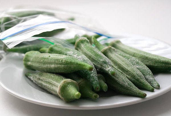 A bag of homemade frozen okra from the garden